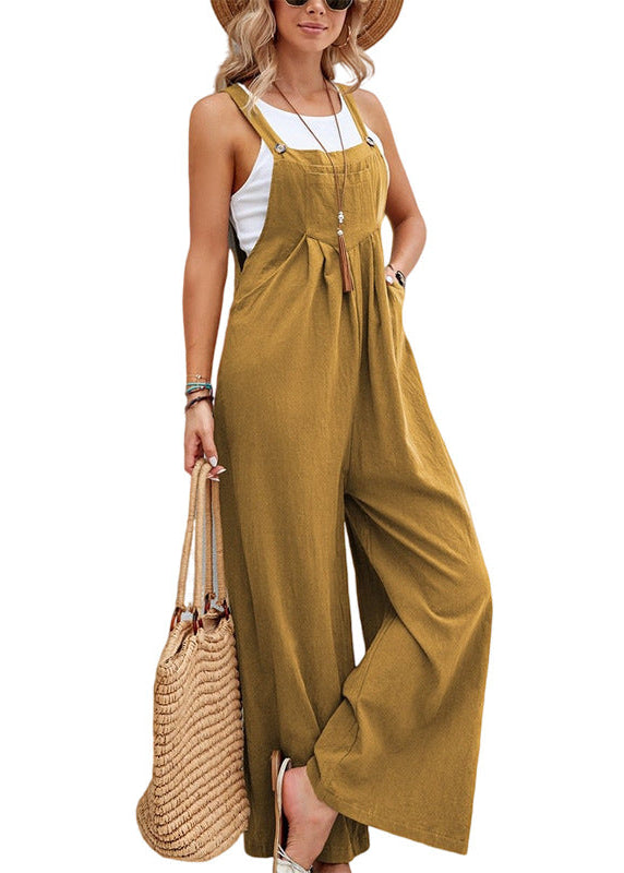 Comfortable women's wide leg jumpsuit, versatile for spring/summer, with adjustable straps and pockets.