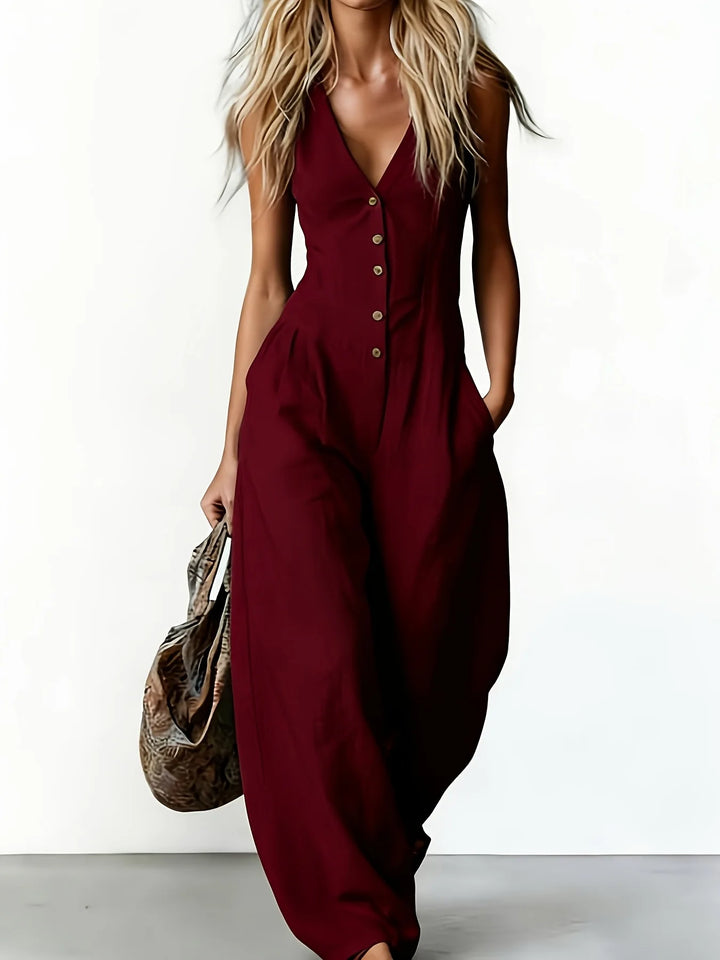 Breathable wide leg women's jumpsuit, ideal for casual summer outfits, beachwear, and relaxed travel fashion.