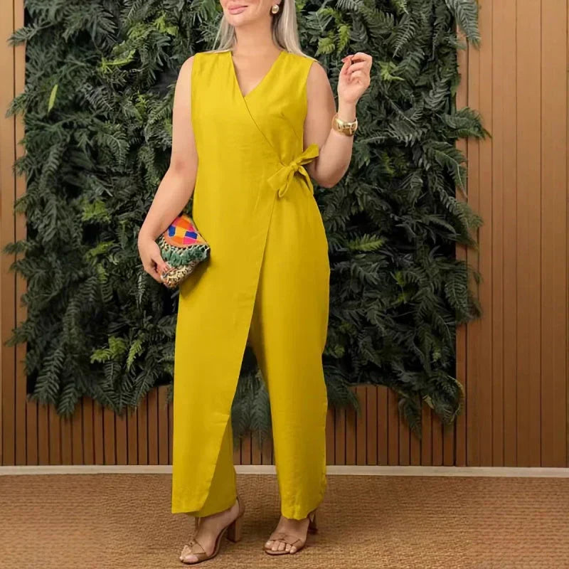 Stylish women's wide leg jumpsuit, a summer fashion essential with a chic wrap V-neck and comfortable design.