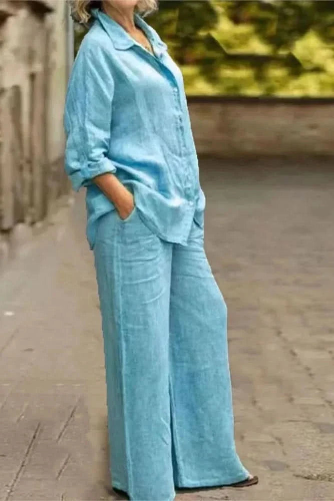 Model wearing a relaxed women's wide leg matching set, a chic two-piece co-ord for comfortable summer style.