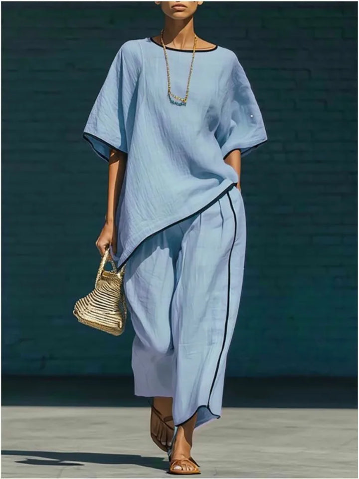 Women's elegant 2-piece cropped pant & top set. Versatile, comfortable for spring & summer casual wear.