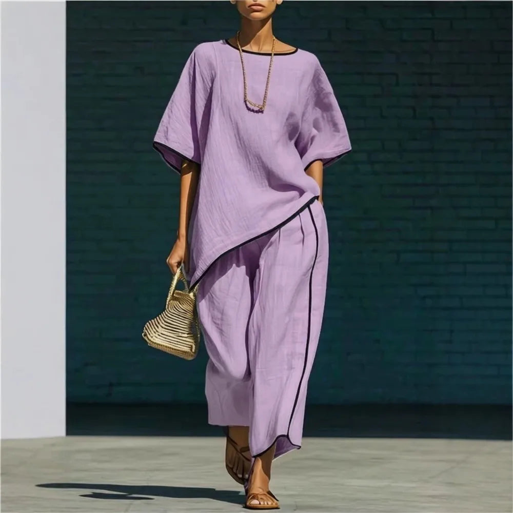Women's relaxed fit cropped top with matching wide leg pant. Stylish 2-piece set for summer & travel.