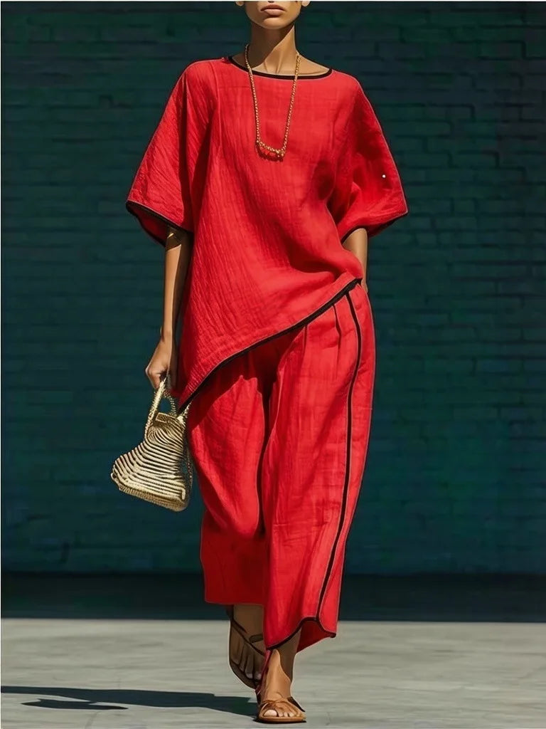 Wide leg cropped pants & matching top set for women. Comfortable, relaxed fit, perfect for spring casual elegance.
