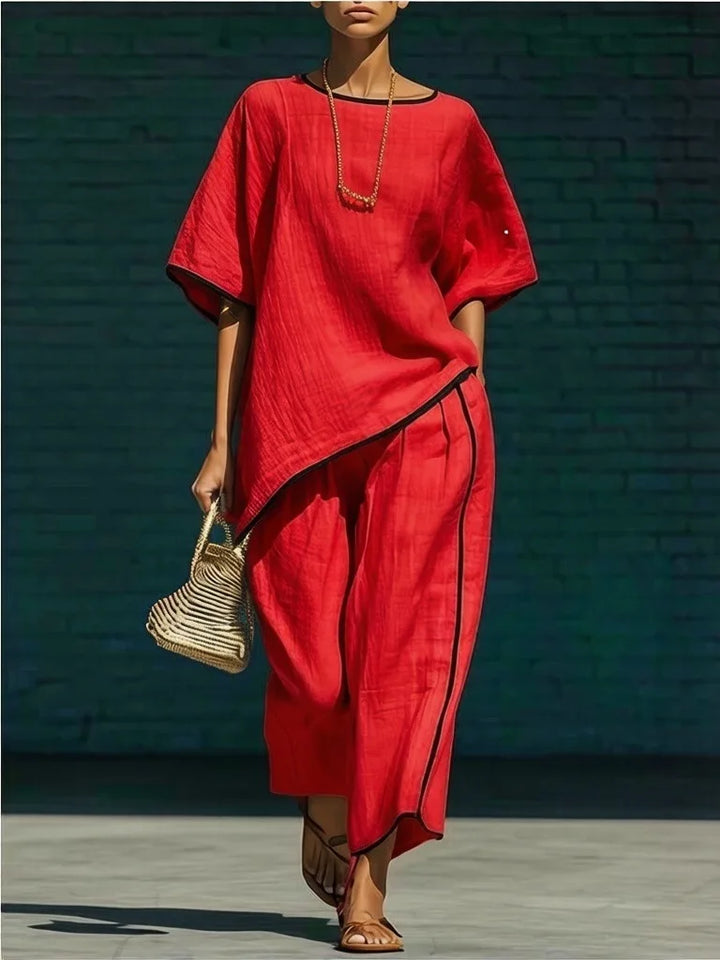 Wide leg cropped pants & matching top set for women. Comfortable, relaxed fit, perfect for spring casual elegance.