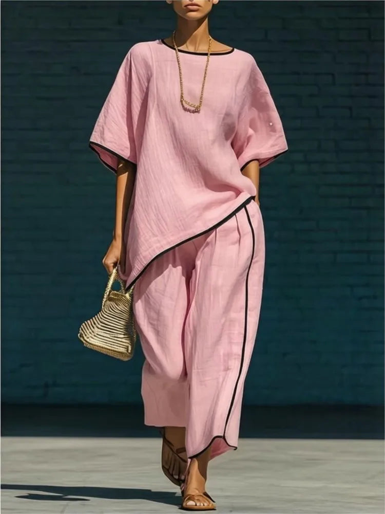 Women's stylish cropped wide leg pants & matching top set. Effortless, comfortable, perfect for spring/summer travel.