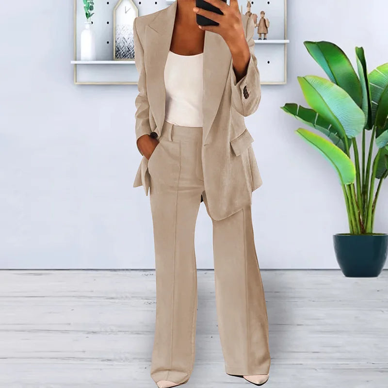 Elegant women's two-piece set with a flattering blazer & comfortable wide-leg trousers, ideal for business.