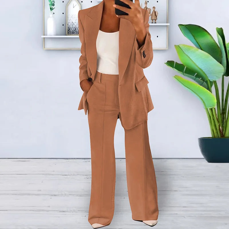 Professional women's pantsuit, a sophisticated blazer & wide-leg trousers for a powerful work look.