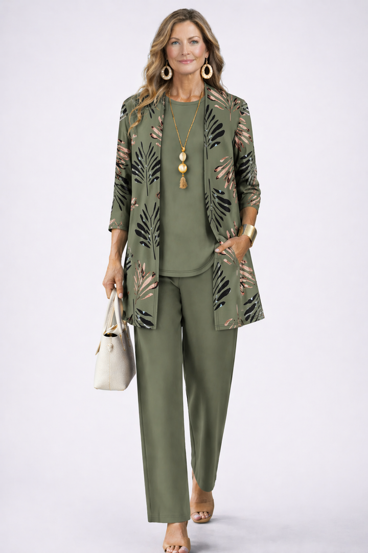 Women's elegant 3-piece set: stylish blazer, matching top, & relaxed trousers. Perfect for office or smart casual.