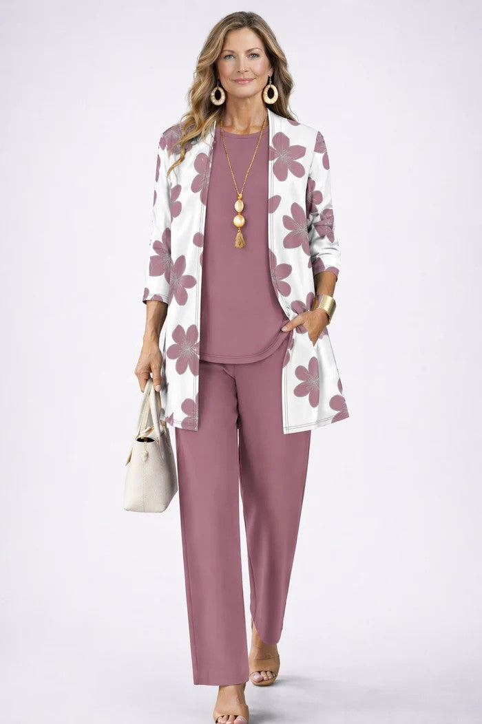 Complete women's fashion outfit: elegant blazer, modern top, and relaxed fit trousers 3-piece set. Stylish & smart.
