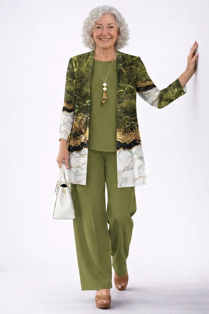 Professional women's 3-piece blazer set for smart-casual events, with a matching top & relaxed, elegant trousers.