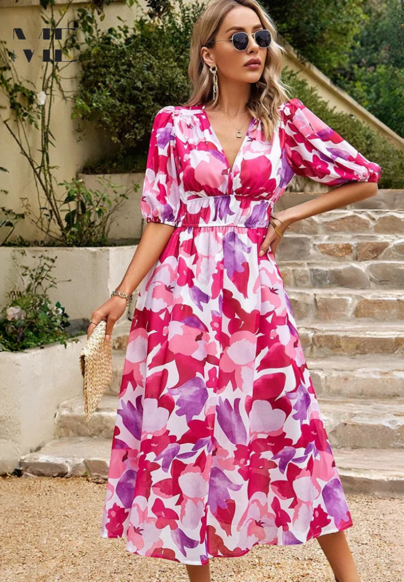 Flat lay: Women's elegant A-line floral midi dress with short sleeves, showcasing fabric texture & print.