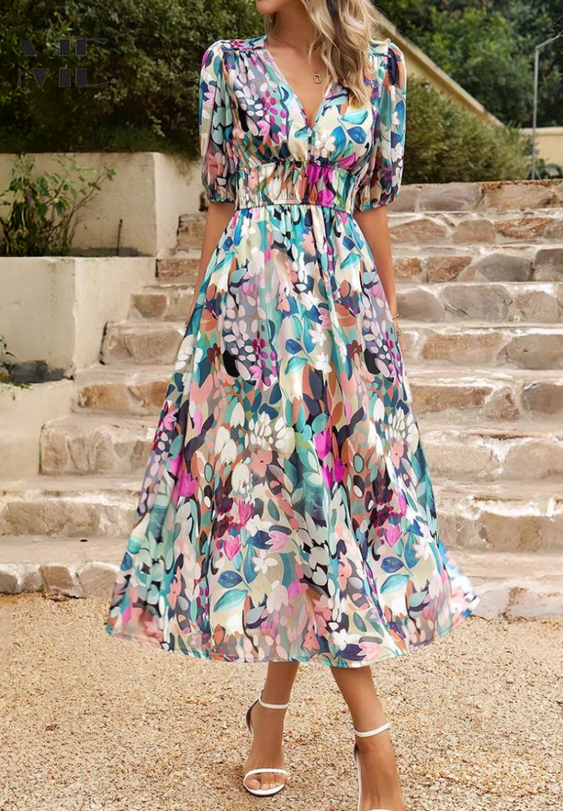 Elegant women's short sleeve floral midi dress, A-line cut. Versatile for party, vacation, or summer outings.