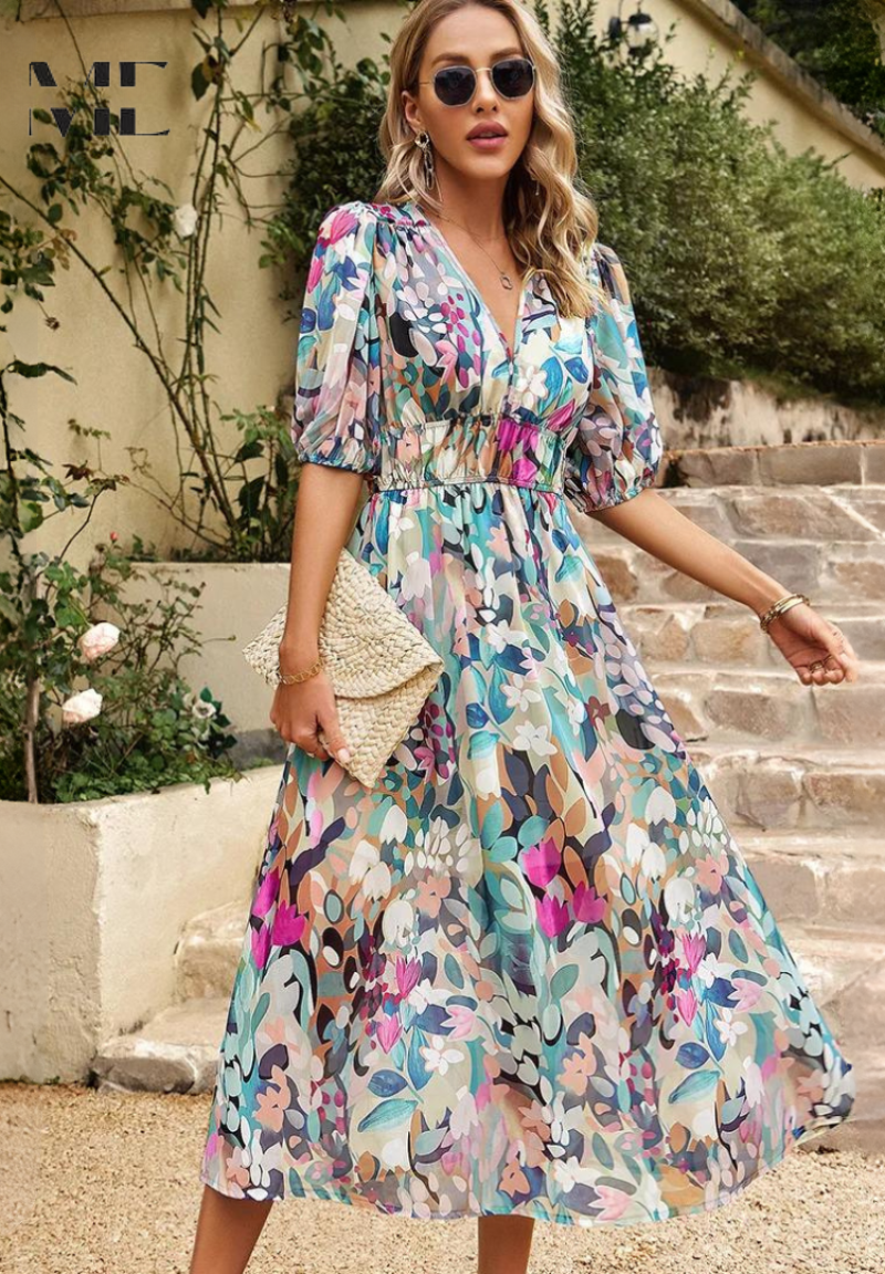 Close-up of delicate floral pattern on a women's elegant A-line short sleeve midi dress.