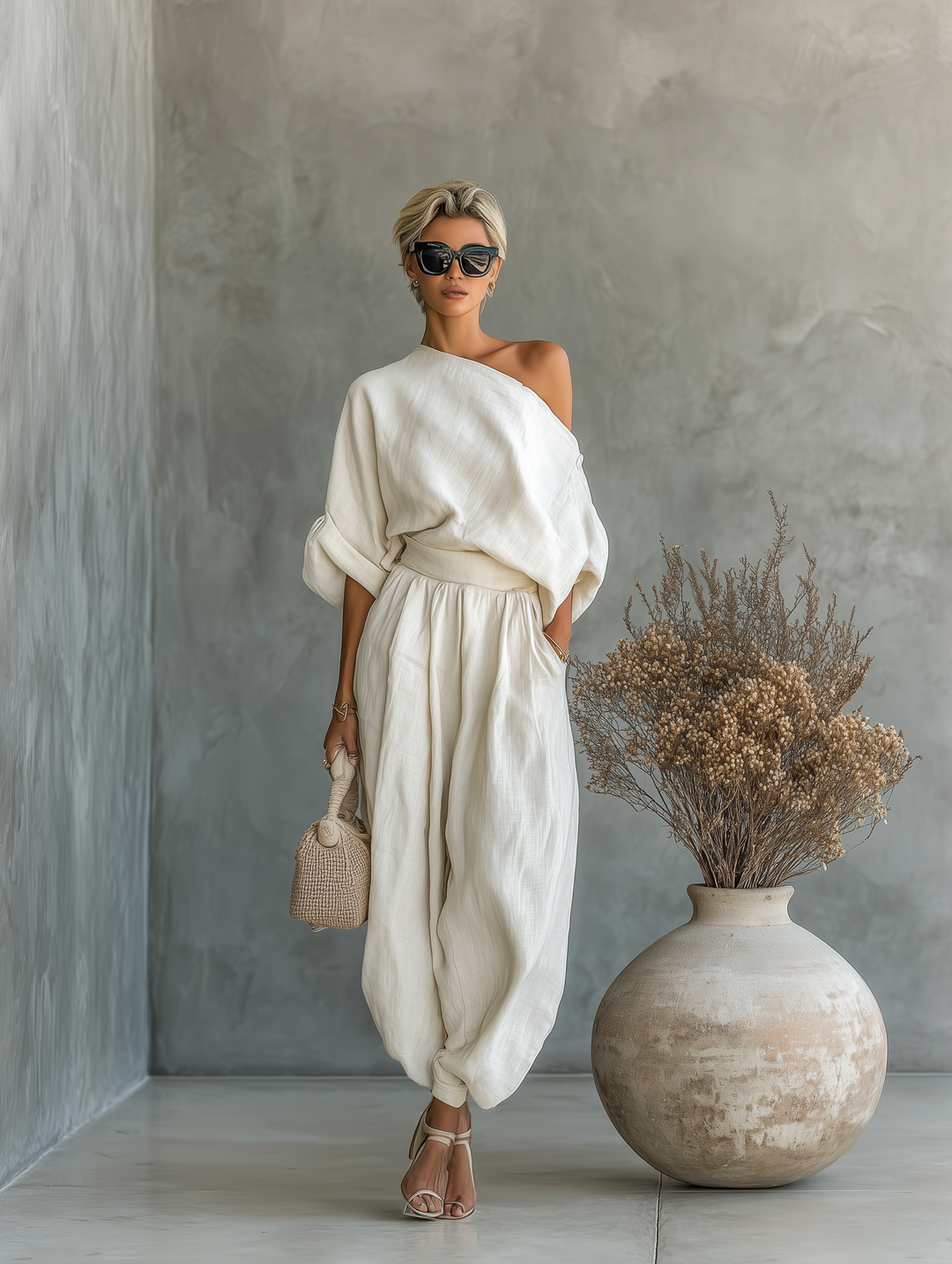 Stylish women's asymmetric drape top & elastic waist tapered pant set, perfect for spring fashion & vacation outfits.