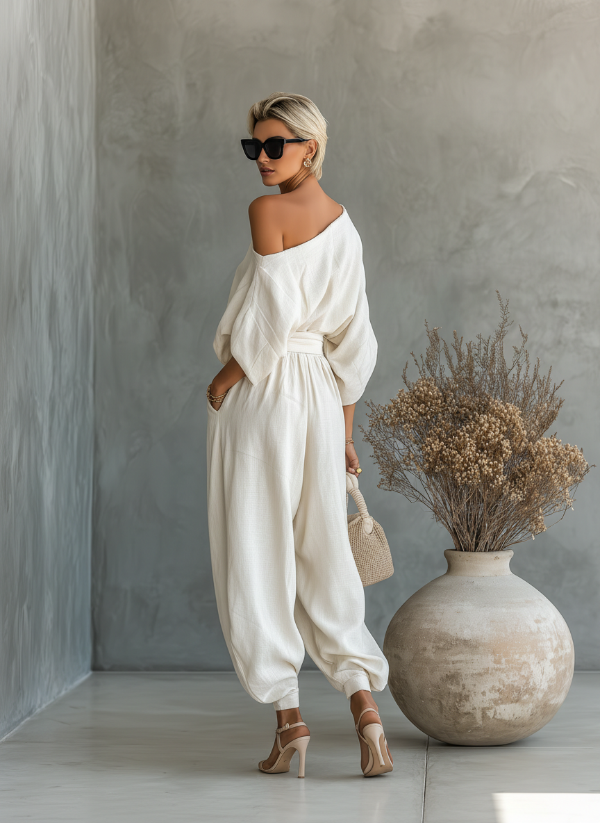 Full view: Women's luxurious asymmetric drape top & tapered pant set, embodying minimalist fashion for spring/summer.