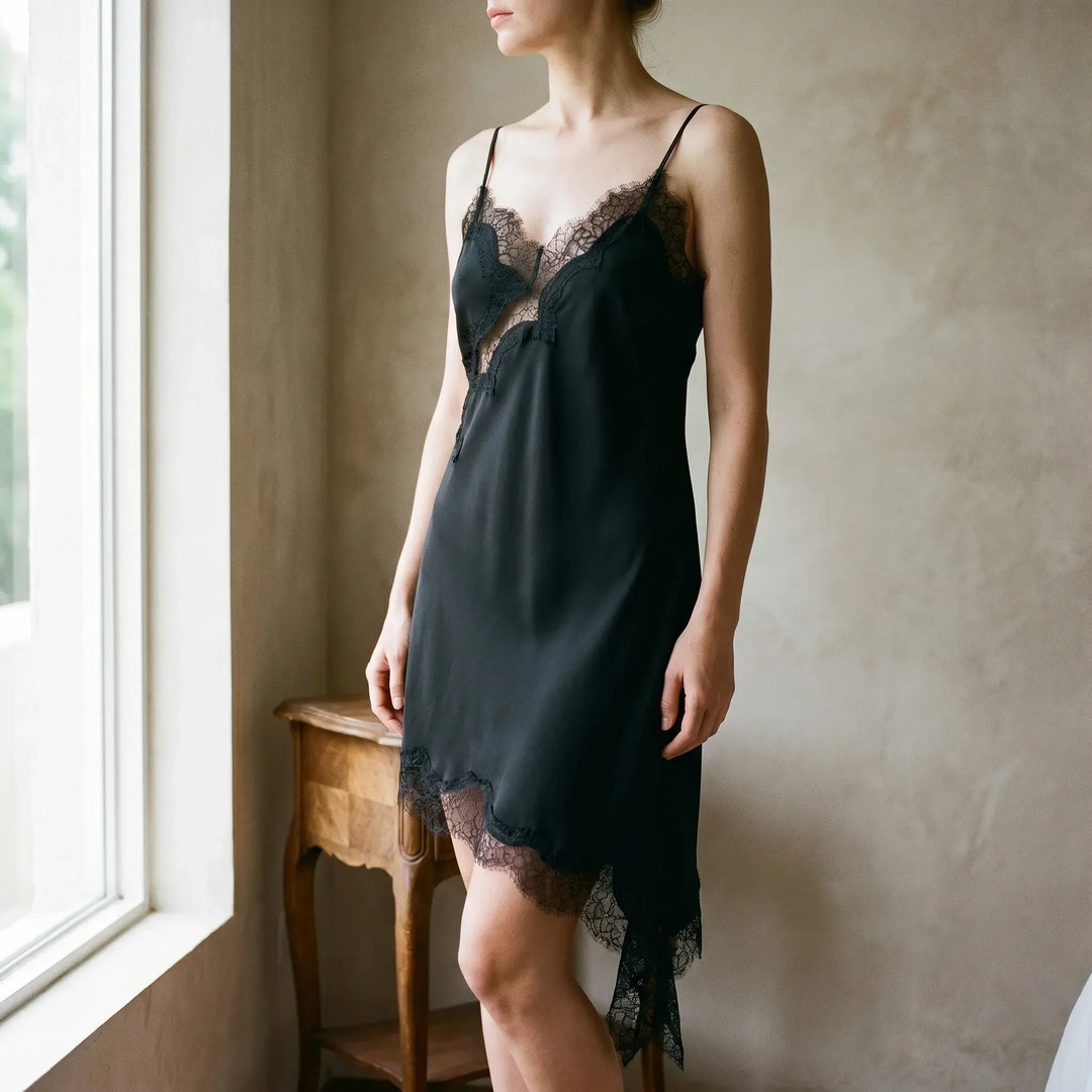 Women's elegant asymmetric lace slip dress with V-neck, perfect for evening parties & cocktails.
