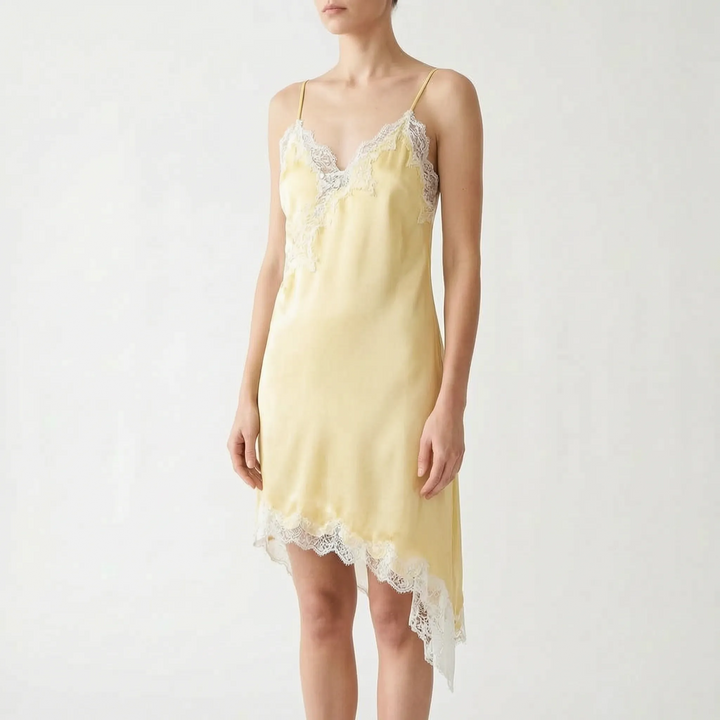Formal evening slip dress for women, featuring a stunning asymmetric design & intricate lace details.