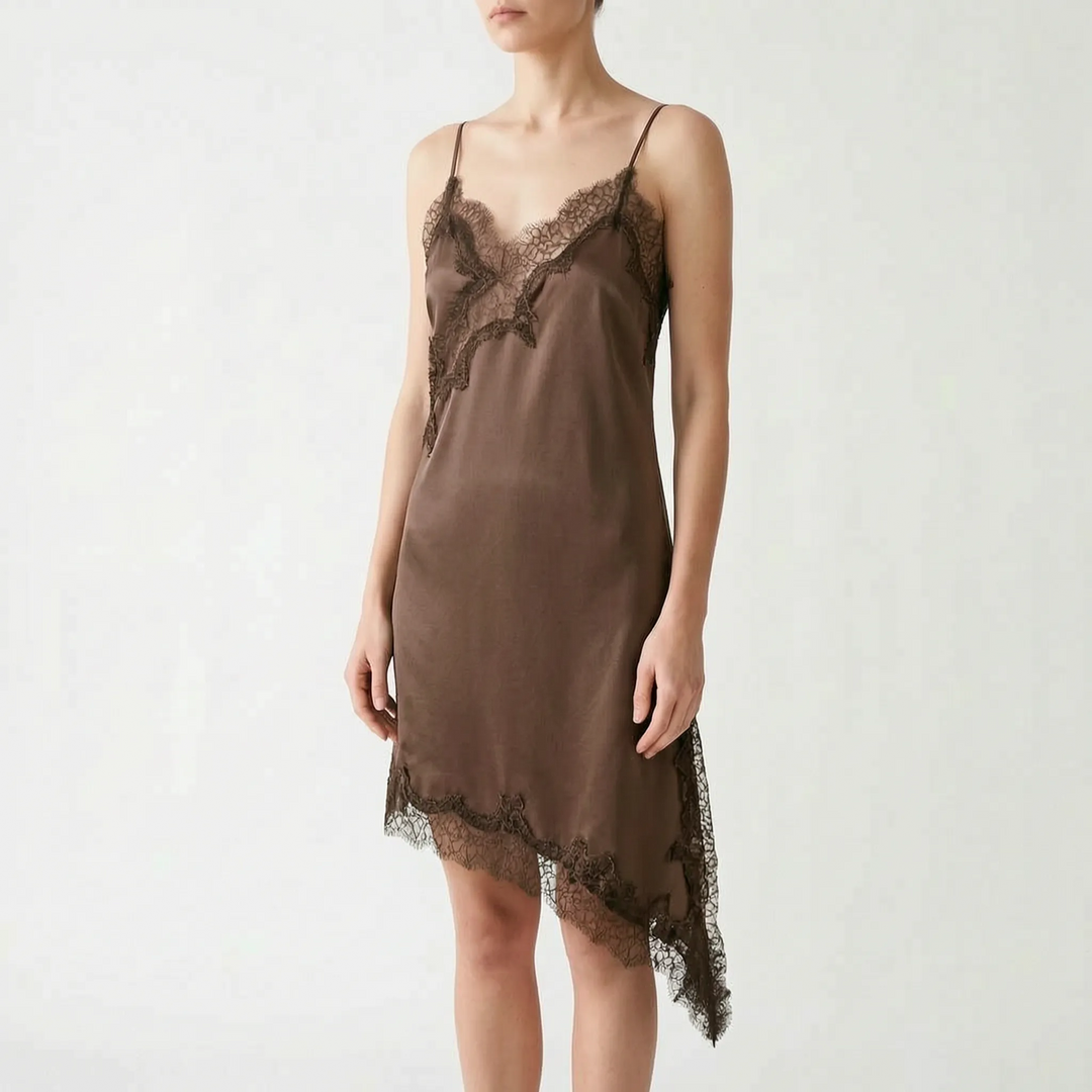 Sophisticated women's lace slip dress; asymmetric silhouette, V-neck, perfect for elegant evenings.