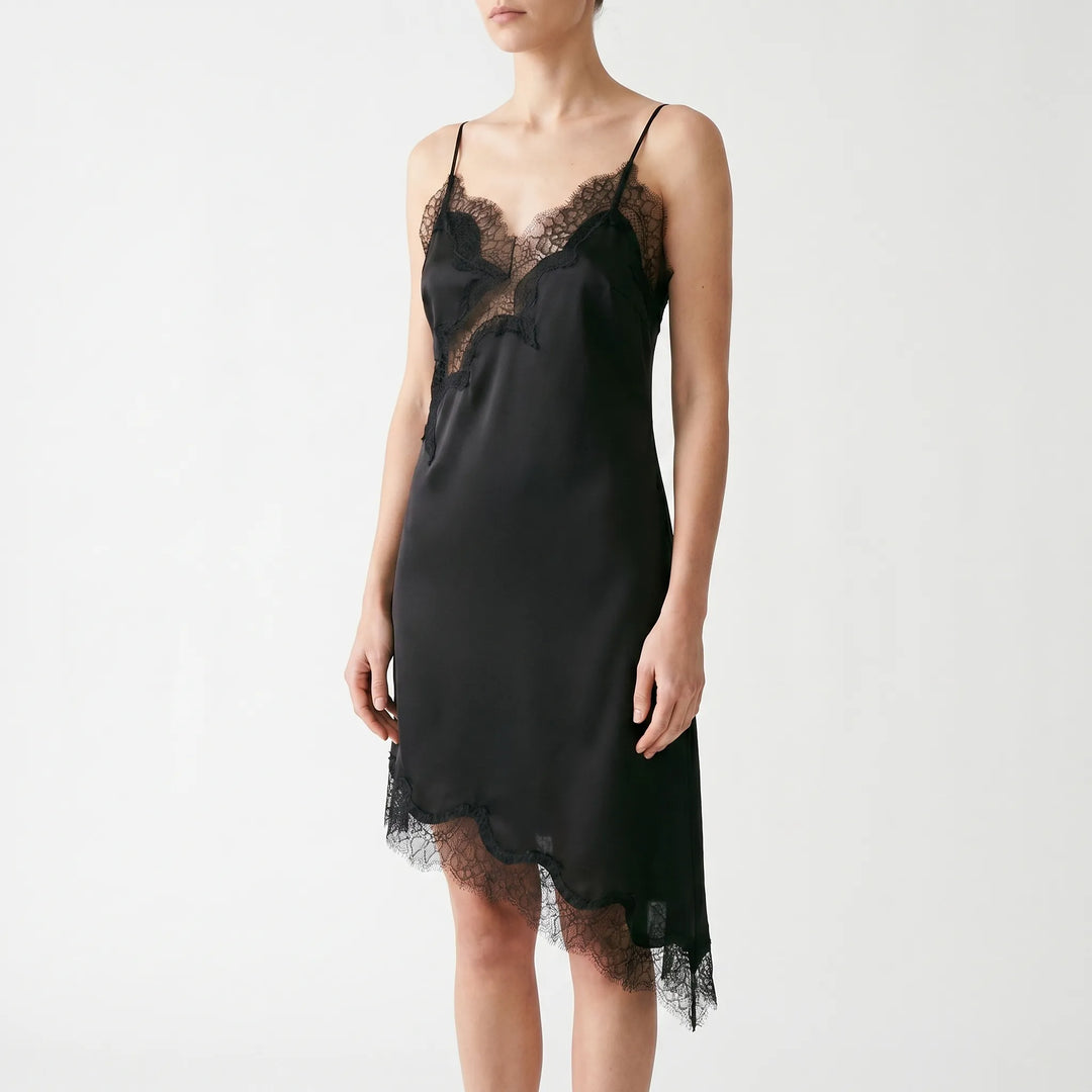 Flowing asymmetric slip dress for women with elegant lace panels and a flattering V-neckline.