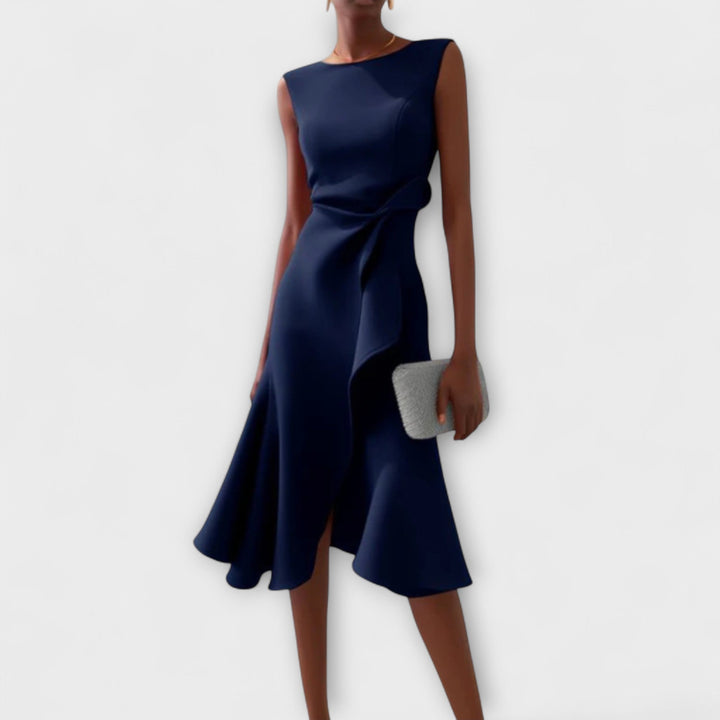 Versatile women's asymmetric midi dress, ideal for wedding guests, parties, or any elegant event.
