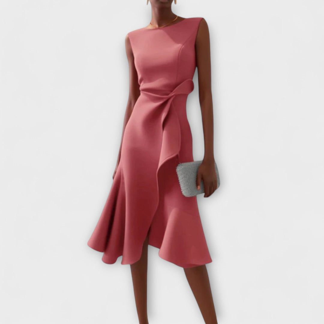 Chic sleeveless asymmetric midi dress; a sophisticated women's formal wear or stylish cocktail dress.