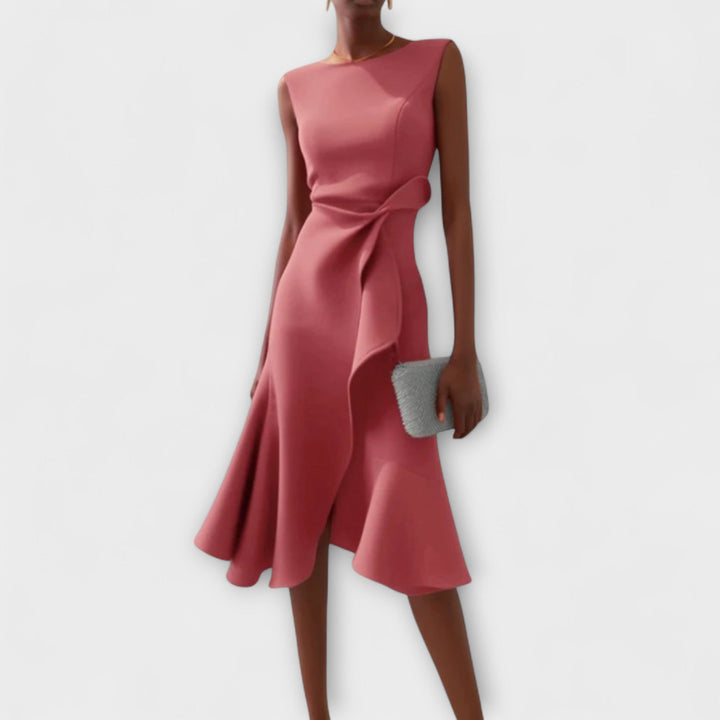 Chic sleeveless asymmetric midi dress; a sophisticated women's formal wear or stylish cocktail dress.