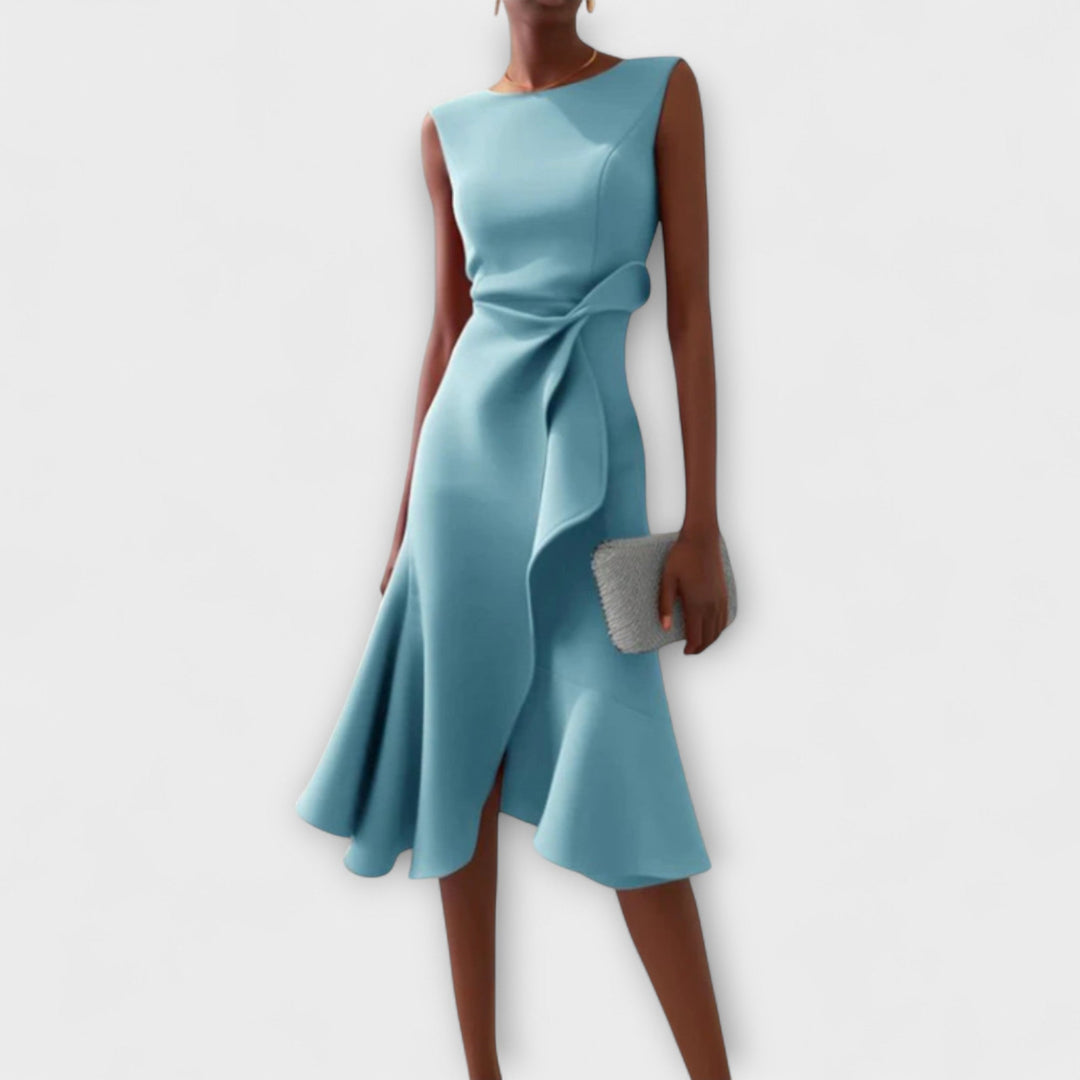 Elegant women's midi dress featuring a flattering asymmetric hem, perfect for party or formal occasions.