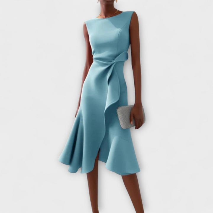 Elegant women's midi dress featuring a flattering asymmetric hem, perfect for party or formal occasions.
