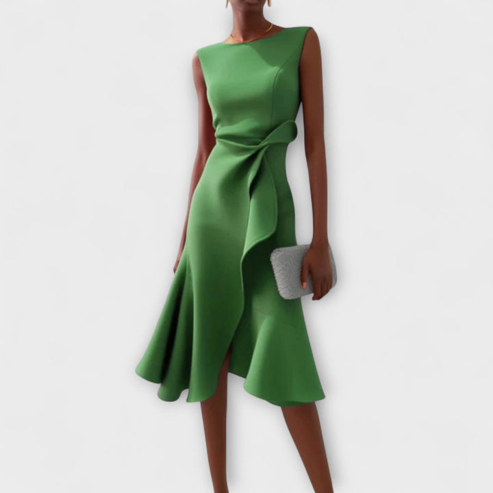 Modern asymmetric midi dress for women, an elegant and versatile choice for formal wear and parties.