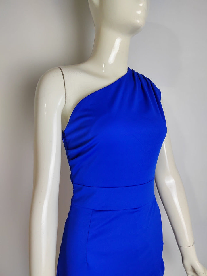 Elegant women's formal evening gown, long asymmetrical design with sophisticated drape for parties.