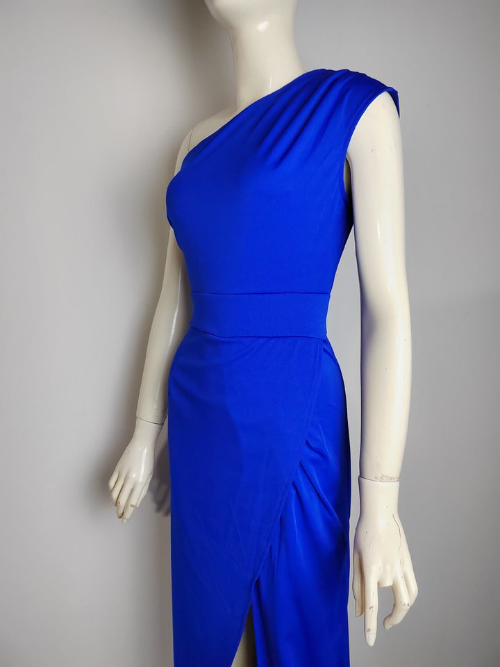 Beautiful women's asymmetrical drape formal maxi dress, perfect for weddings, proms & evening wear.