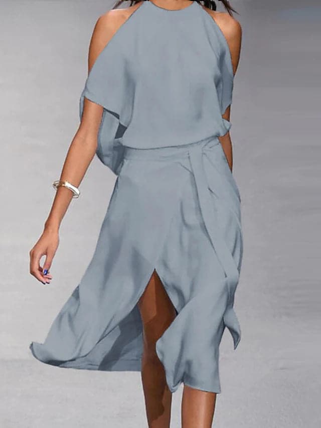 Women's elegant asymmetrical draped midi dress with short sleeves. Perfect for summer parties or casual chic occasions.