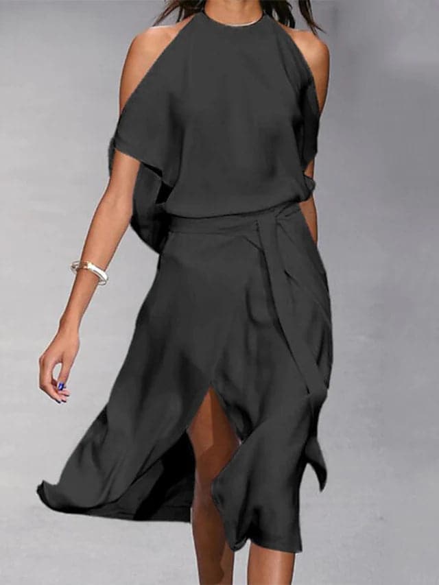 Modern women's short sleeve midi dress, featuring a stylish asymmetrical hem and elegant draped design.