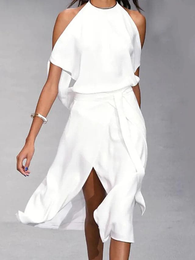 Flowy asymmetrical midi dress for women with short sleeves & a flattering draped waist tie, ideal for summer fashion.