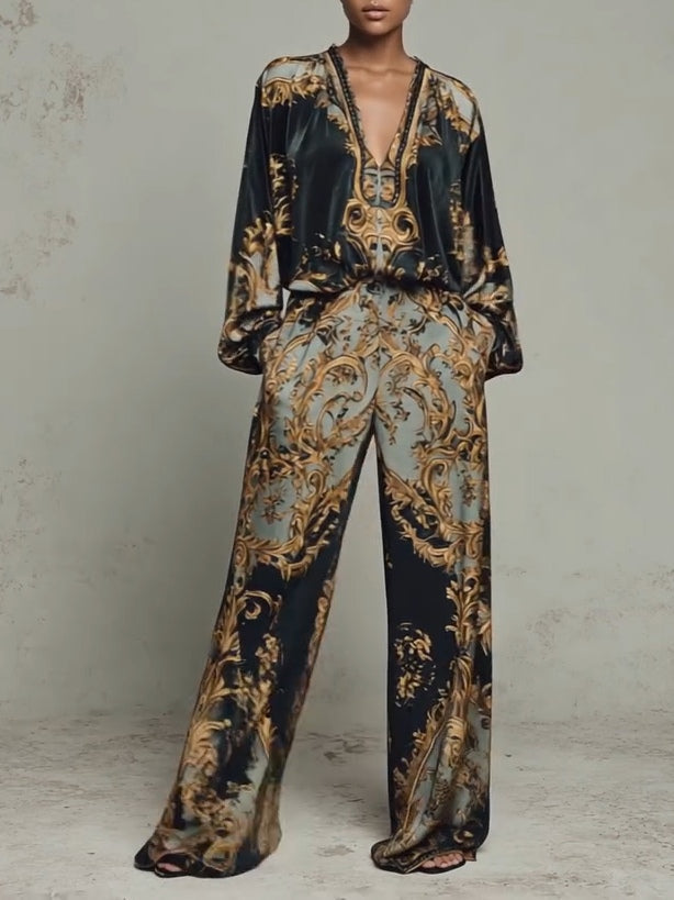 Stylish women's matching outfit: baroque print V-neck top & flowy wide-leg pants for elegant casual and travel.