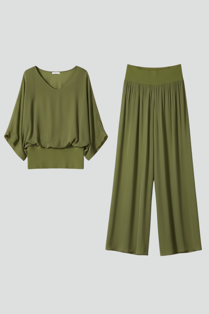 Women's elegant batwing top & wide leg pant two-piece set. Perfect for resort wear or party outfits.