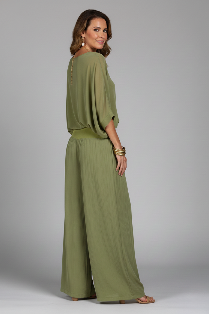 Dressy casual women's two-piece set featuring an elegant batwing sleeve top & chic wide leg trousers.