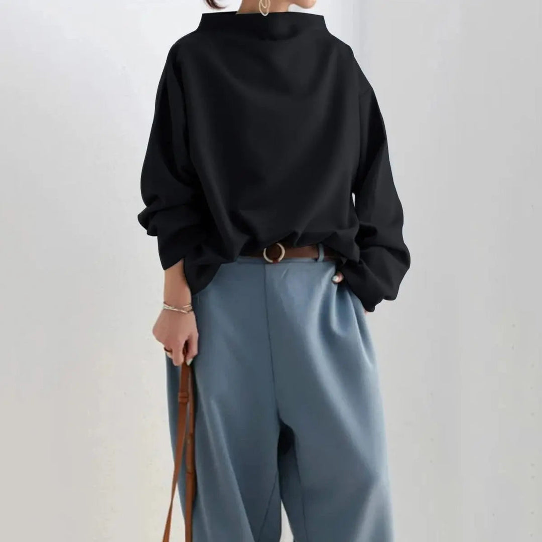 Versatile women's high-neck long-sleeve top; elegant black workwear or sophisticated casual chic layering piece.