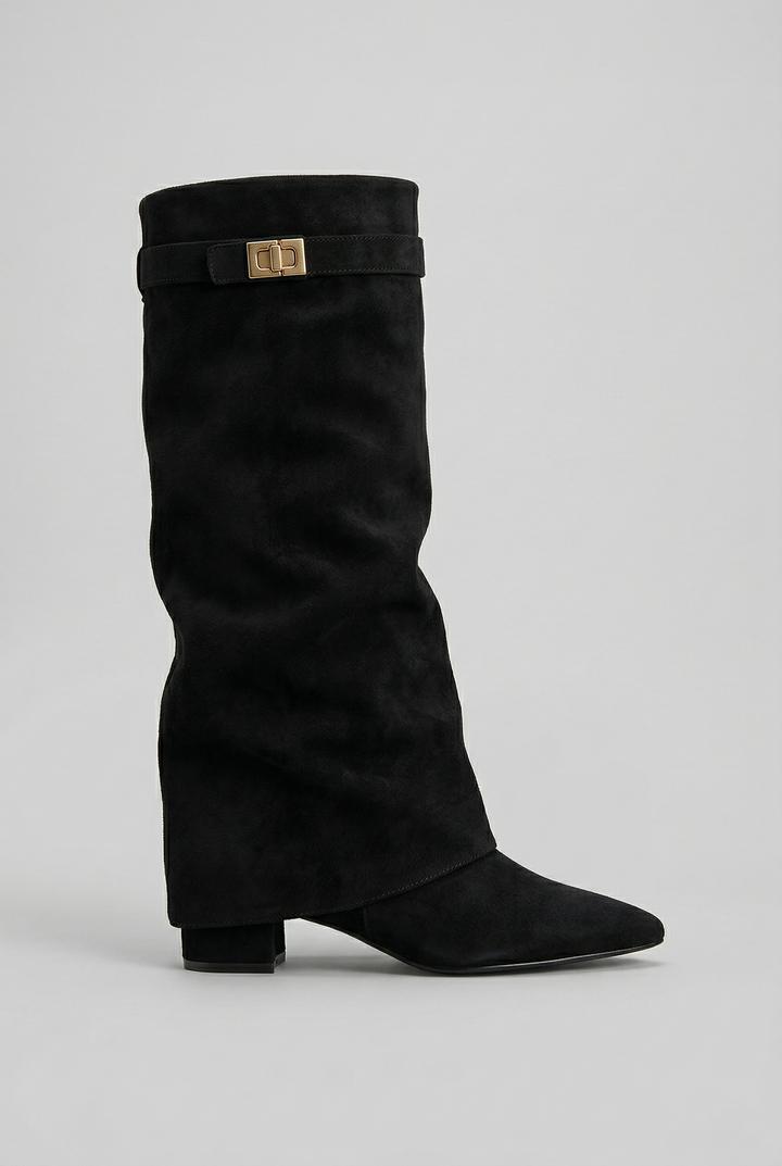 Women's elegant black knee-high boots with block heel and side zip, perfect for versatile fall & winter fashion.