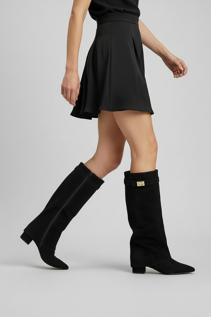 Stylish women's tall block heel boots in classic black, offering effortless elegance & comfort for any occasion.