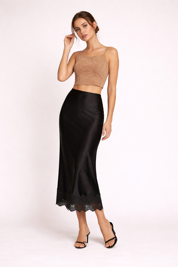 Elegant women's maxi skirt with exquisite lace hem, ideal for special occasions and formal events.