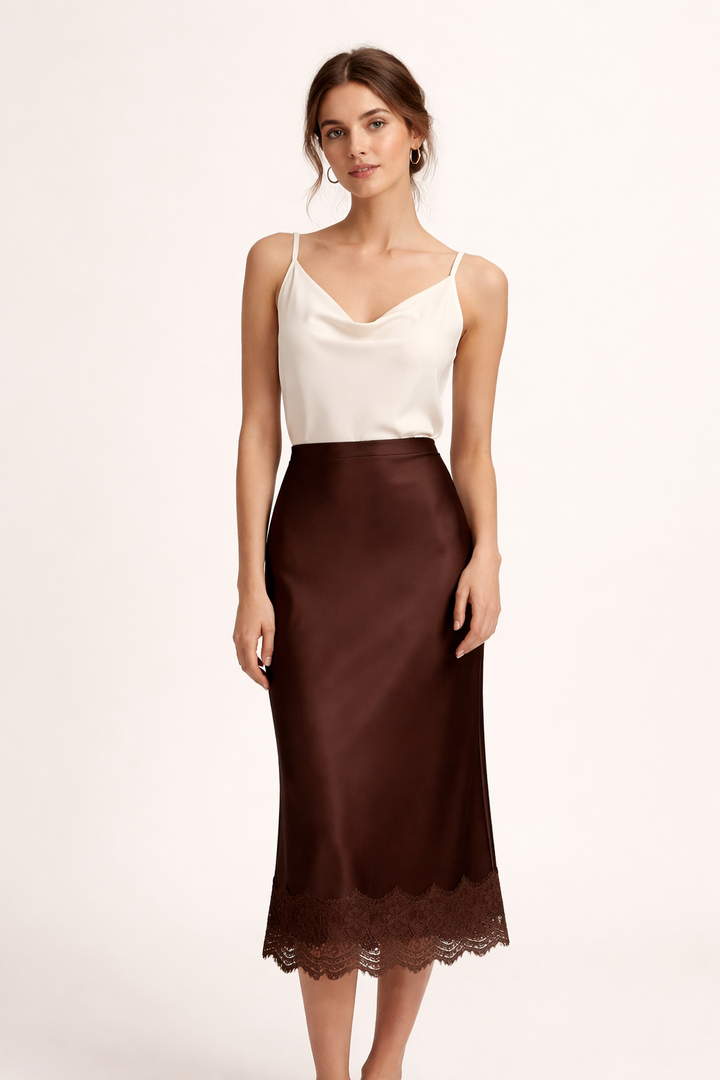 Chic women's formal maxi skirt with delicate lace trim, a sophisticated long skirt for parties.