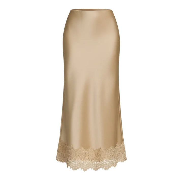 Formal women's maxi skirt, elegant and chic with a delicate lace hem, perfect for special occasions.