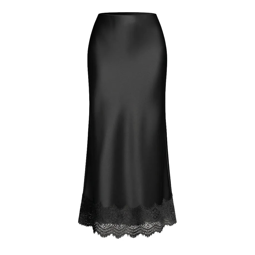 Sophisticated women's long skirt with a straight cut & delicate lace detail, ideal for elegant evening wear.