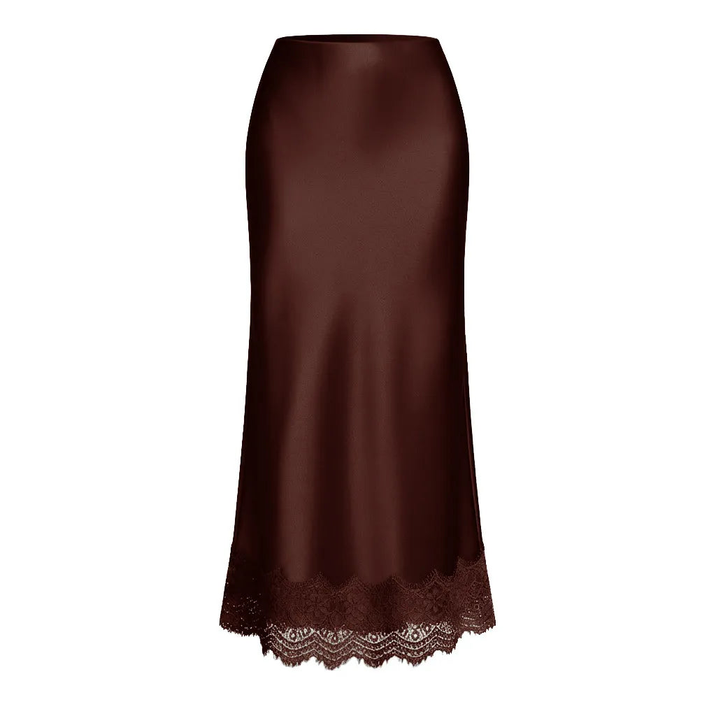 Women's elegant maxi skirt featuring a delicate lace hem and straight cut, perfect for formal parties.
