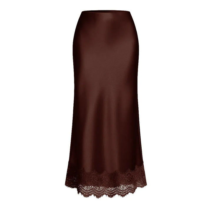Women's elegant maxi skirt featuring a delicate lace hem and straight cut, perfect for formal parties.