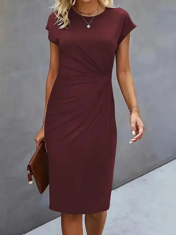 Business casual elegant midi dress for women, round neck, comfortable and stylish for work.