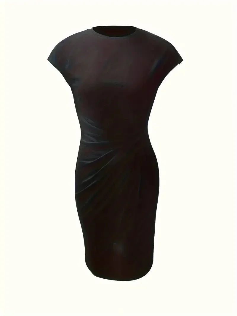 Versatile elegant midi dress with a flattering round neck, women's wardrobe essential.