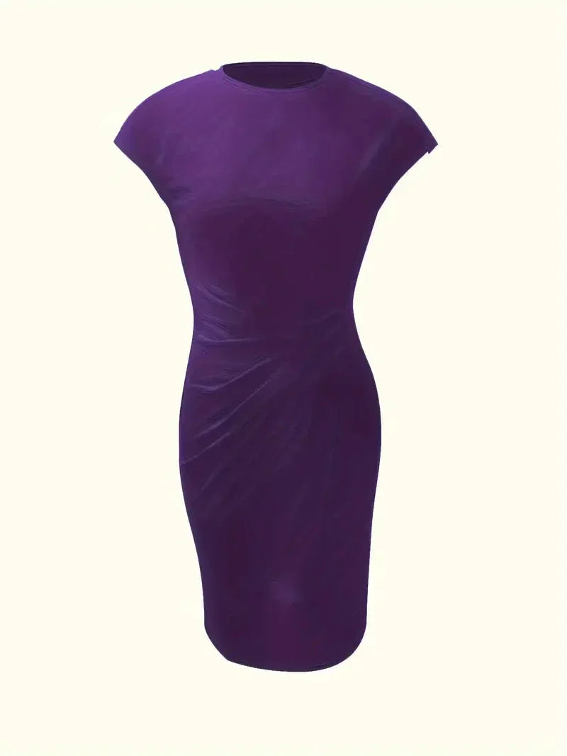 Modern women's elegant midi dress, round neck, versatile for professional or social settings.