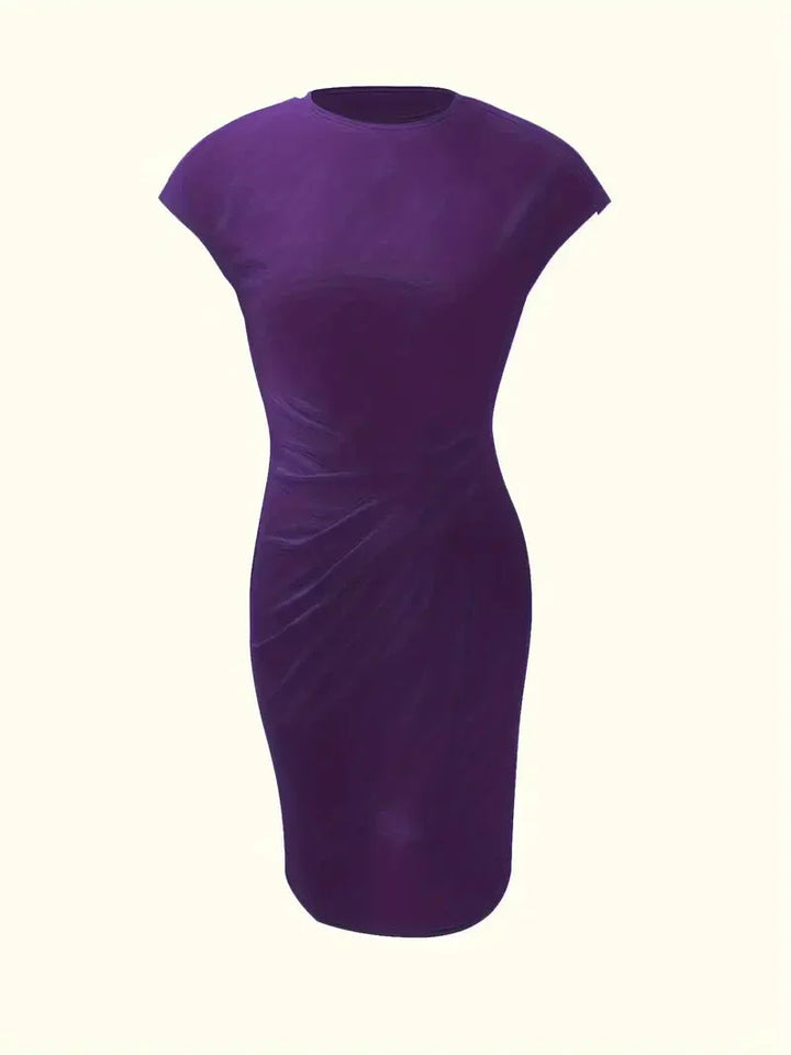 Modern women's elegant midi dress, round neck, versatile for professional or social settings.